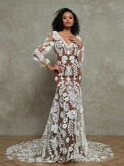 Lange Ärmel Elfenbein Spitze Tief Nude Futter Boho Kleider As Pictures