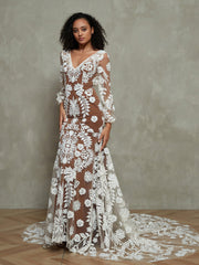 Lange Ärmel Elfenbein Spitze Tief Nude Futter Boho Kleider As Pictures