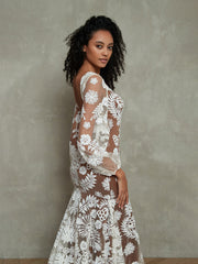 Lange Ärmel Elfenbein Spitze Tief Nude Futter Boho Kleider As Pictures