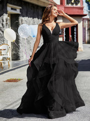 V-Ausschnitt Ärmellos Tüll Ballkleid Schwarz Übergröße