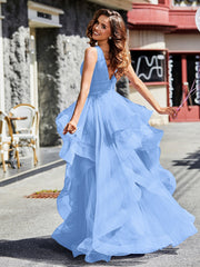 V-Ausschnitt Ärmellos Tüll Ballkleid Blau