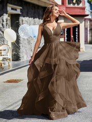 V-Ausschnitt Ärmellos Tüll Ballkleid Braun Übergröße