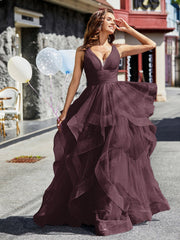 V-Ausschnitt Ärmellos Tüll Ballkleid Cabernet Übergröße