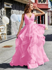 V-Ausschnitt Ärmellos Tüll Ballkleid Bonbonrosa Übergröße