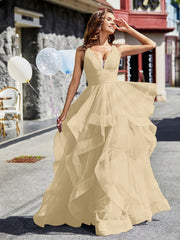 V-Ausschnitt Ärmellos Tüll Ballkleid Champagner