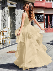 V-Ausschnitt Ärmellos Tüll Ballkleid Champagner