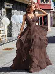 V-Ausschnitt Ärmellos Tüll Ballkleid Schokolade Übergröße