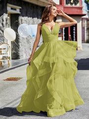 V-Ausschnitt Ärmellos Tüll Ballkleid Kleegrün Übergröße