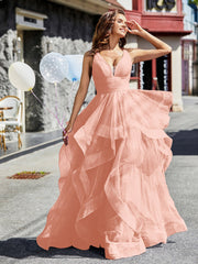 V-Ausschnitt Ärmellos Tüll Ballkleid Koralle Übergröße