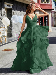 V-Ausschnitt Ärmellos Tüll Ballkleid Dunkelgrün Übergröße
