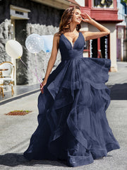 V-Ausschnitt Ärmellos Tüll Ballkleid Dunkelmarine Übergröße