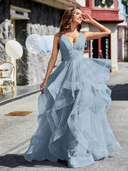 V-Ausschnitt Ärmellos Tüll Ballkleid Staubiges Blau
