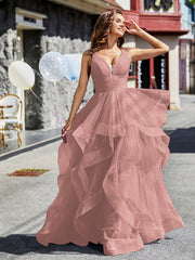 V-Ausschnitt Ärmellos Tüll Ballkleid Staubige Rosa Übergröße