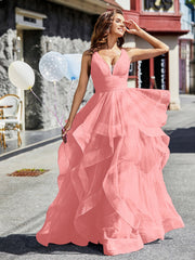 V-Ausschnitt Ärmellos Tüll Ballkleid Flamingo Übergröße