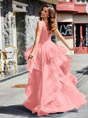 V-Ausschnitt Ärmellos Tüll Ballkleid Flamingo