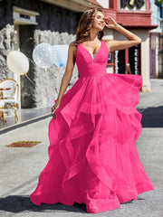V-Ausschnitt Ärmellos Tüll Ballkleid Fuchsia