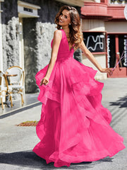 V-Ausschnitt Ärmellos Tüll Ballkleid Fuchsia
