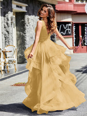 V-Ausschnitt Ärmellos Tüll Ballkleid Gold