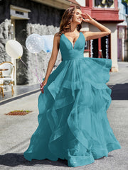 V-Ausschnitt Ärmellos Tüll Ballkleid Jade Übergröße