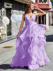 V-Ausschnitt Ärmellos Tüll Ballkleid Lila Übergröße
