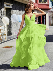 V-Ausschnitt Ärmellos Tüll Ballkleid Lindgrün Übergröße