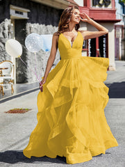 V-Ausschnitt Ärmellos Tüll Ballkleid Ringelblume