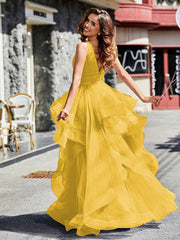 V-Ausschnitt Ärmellos Tüll Ballkleid Ringelblume