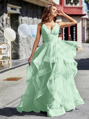 V-Ausschnitt Ärmellos Tüll Ballkleid Minzgrün