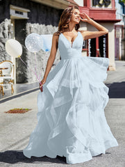 V-Ausschnitt Ärmellos Tüll Ballkleid Nebel Übergröße