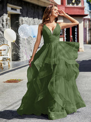 V-Ausschnitt Ärmellos Tüll Ballkleid Moos