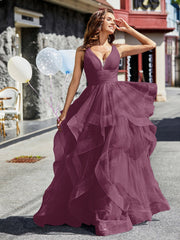 V-Ausschnitt Ärmellos Tüll Ballkleid Maulbeere Übergröße