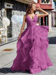 V-Ausschnitt Ärmellos Tüll Ballkleid Orchidee