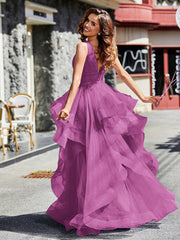 V-Ausschnitt Ärmellos Tüll Ballkleid Orchidee