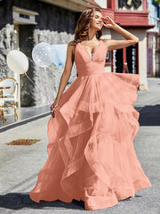 V-Ausschnitt Ärmellos Tüll Ballkleid Papaya