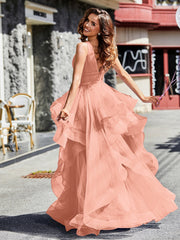 V-Ausschnitt Ärmellos Tüll Ballkleid Papaya