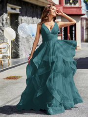 V-Ausschnitt Ärmellos Tüll Ballkleid Pfau Übergröße