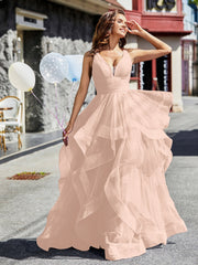 V-Ausschnitt Ärmellos Tüll Ballkleid Perlrosa