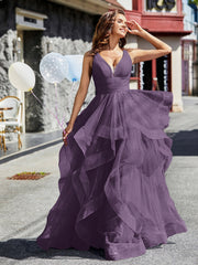 V-Ausschnitt Ärmellos Tüll Ballkleid Plum