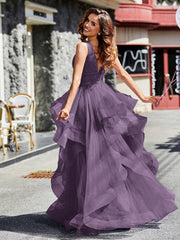 V-Ausschnitt Ärmellos Tüll Ballkleid Plum