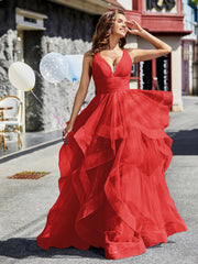 V-Ausschnitt Ärmellos Tüll Ballkleid Rot Übergröße