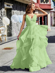 V-Ausschnitt Ärmellos Tüll Ballkleid Salbei Übergröße
