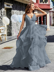 V-Ausschnitt Ärmellos Tüll Ballkleid Schiefer Blau Übergröße