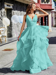V-Ausschnitt Ärmellos Tüll Ballkleid Stahlgrau