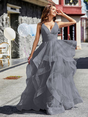 V-Ausschnitt Ärmellos Tüll Ballkleid Stahlgrau