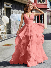 V-Ausschnitt Ärmellos Tüll Ballkleid Sonnenuntergang