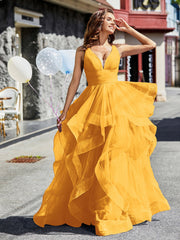V-Ausschnitt Ärmellos Tüll Ballkleid Mandarine