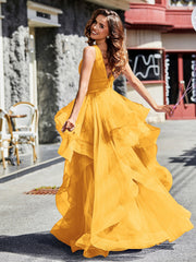 V-Ausschnitt Ärmellos Tüll Ballkleid Mandarine