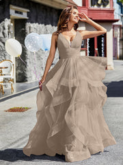 V-Ausschnitt Ärmellos Tüll Ballkleid Taupe