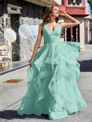 V-Ausschnitt Ärmellos Tüll Ballkleid Türkis Übergröße
