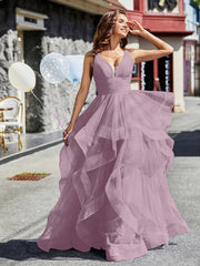 V-Ausschnitt Ärmellos Tüll Ballkleid Vintage Mauve